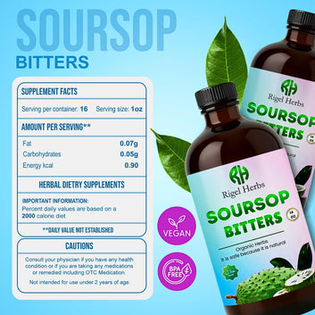 Soursop Bitters Liquid - Infused with Soursop Leaves Organic, Black Seed, Moringa, Fennel Seeds & Ginger – Supports Digestive Wellness, Gut Cleanse, Detox & Immune Boost – Vegan, Non-GMO – 16 oz
